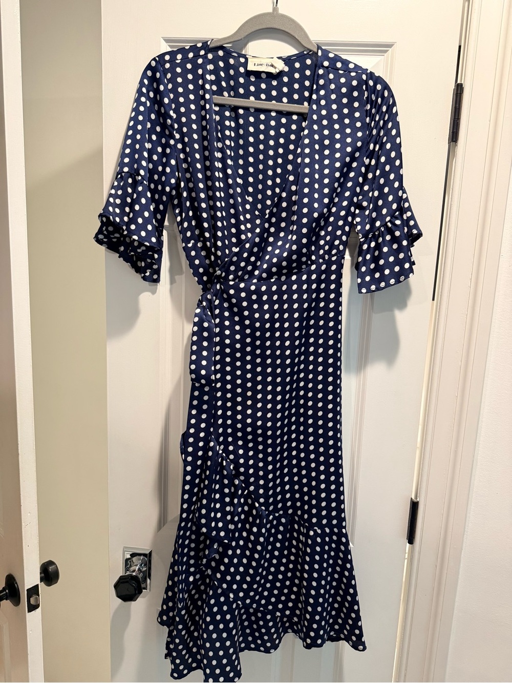 Line & Dot Navy Polka Dot Wrap Midi Dress